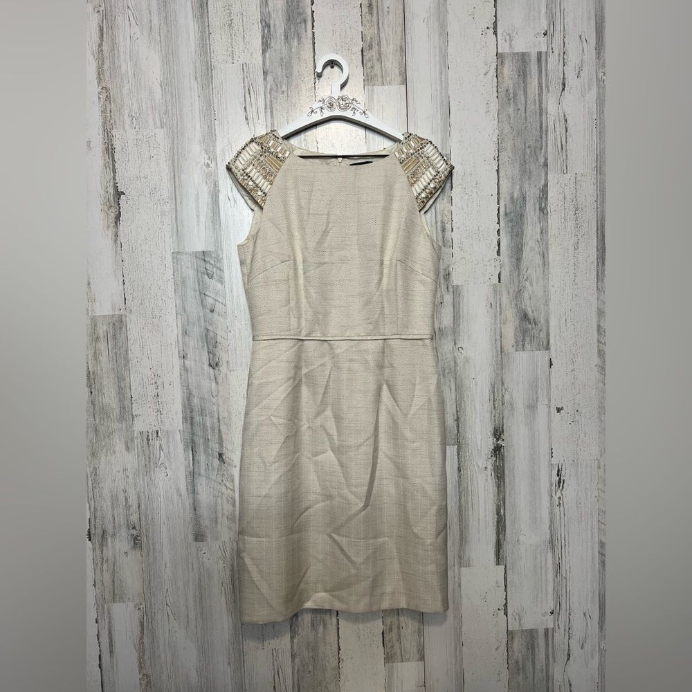 Tahari Arthur S. Levine Beige Linen Blend Beaded Sheath Dress Womens Size 8 Neut